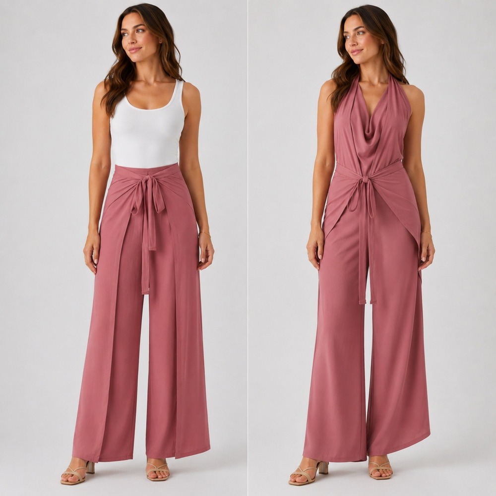 Halara High Waisted Tie Front Hem Palazzo Wide Leg Flowy Casual Pants Rose Red M